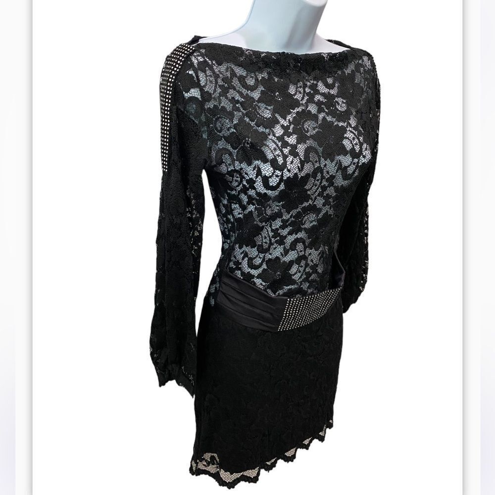 Sentimental NY By Sam Hourani Black Lace Dress With Rhinestone Tuxedo Belt Sz M - Picture 4 of 13